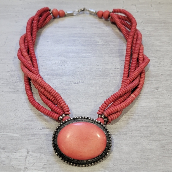 Vintage Jewelry - Vintage Boho Coral Multi Strand Beaded Torsade Necklace Tropical Earthy